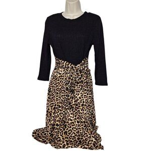 Reb In J. 220 Sheath Dress Size Large Black Brown Leopard Cheetah Print Sash